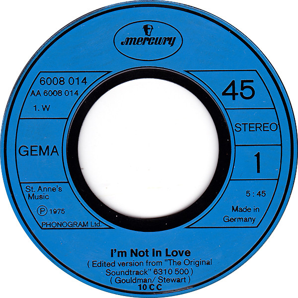 Cover zu 10CC - I'm Not In Love | 1975 | Vinyl, Stereo, 45 RPM, 7