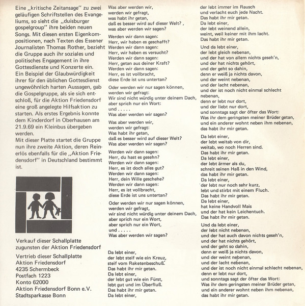Cover zu Duisburger Gospelgroup - Was Aber Werden Wir Sagen... | 1969 | Vinyl | Rock, Folk, World, & Country | Germany