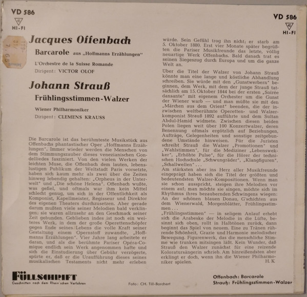 Cover zu Wiener Philharmoniker - Barcarole aus „Hoffmanns Erzählungen“ / Frühlingsstimmen-Walzer | Vinyl | Classical | Germany Schallplatten Ankauf