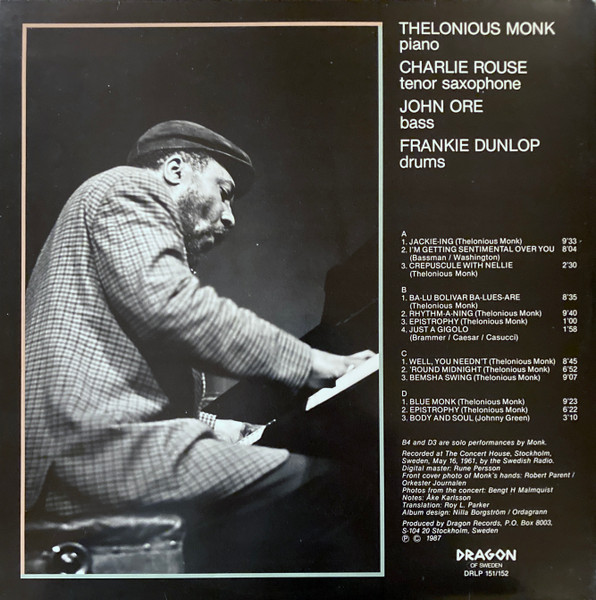 Cover zu The Thelonious Monk Quartet - Live In Stockholm 1961 | 1987 | Vinyl | Jazz | Sweden Schallplatten Ankauf