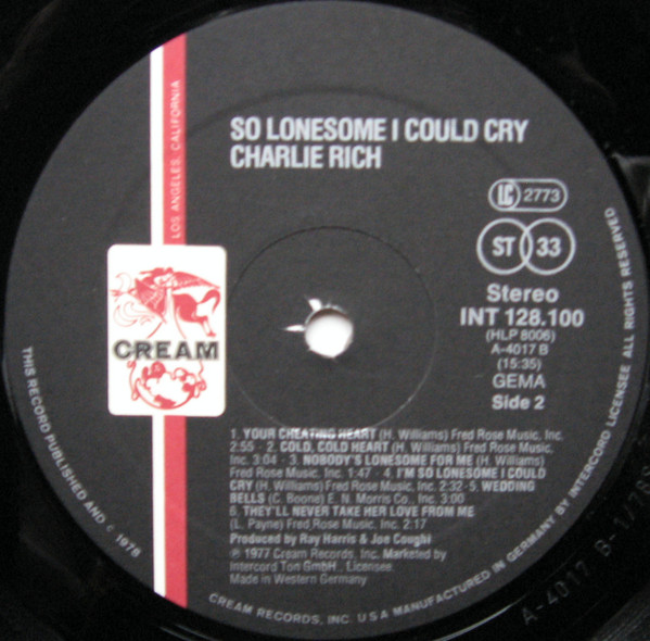 Cover zu Charlie Rich - So Lonesome I Could Cry | 1977 | Vinyl | Folk, World, & Country | Germany