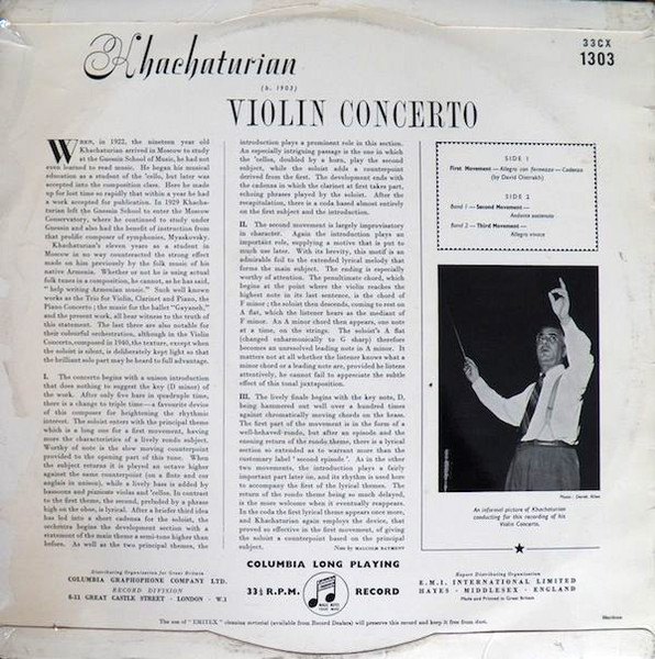 Cover zu Aram Khatchaturian - David Oistrach, Philharmonia Orchestra - Violin Concerto | 1955 | Vinyl | Classical | UK Schallplatten Ankauf