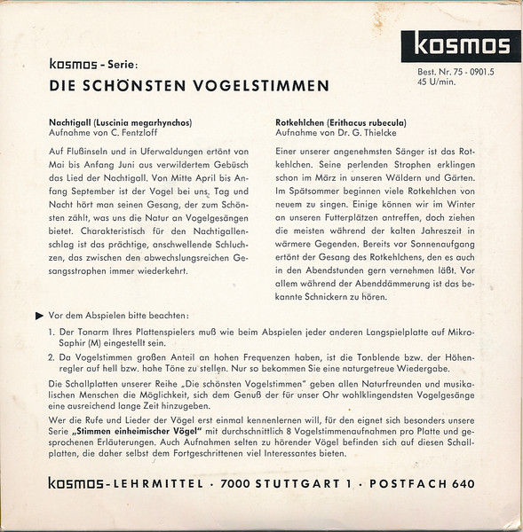 Cover zu Claus Fentzloff, Gerhard Thielcke - Die Schönsten Vogelstimmen: Nachtigall, Rotkehlchen | Vinyl | Non-Music | Germany