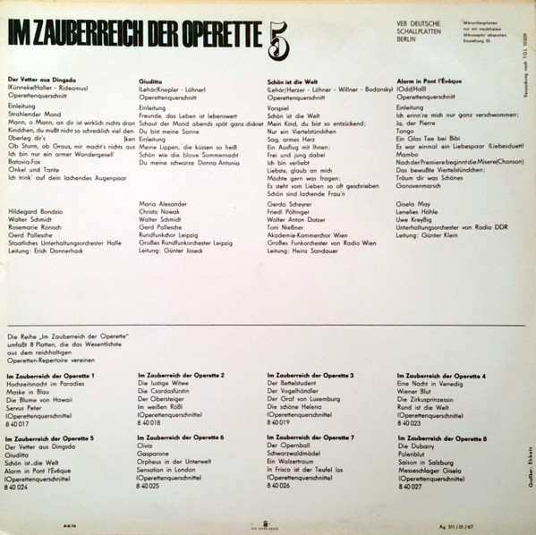 Cover zu Eduard Künneke, Franz Lehár, Conny Odd - Im Zauberreich Der Operette 5 | 1967 | Vinyl | Classical | German Democratic Republic (GDR)