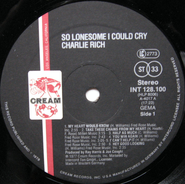 Cover zu Charlie Rich - So Lonesome I Could Cry | 1977 | Vinyl | Folk, World, & Country | Germany Schallplatten Ankauf