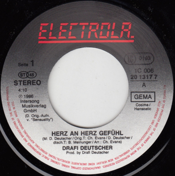 Cover zu Drafi Deutscher - Herz An Herz Gefühl | 1986 | Vinyl | Electronic, Pop | Germany