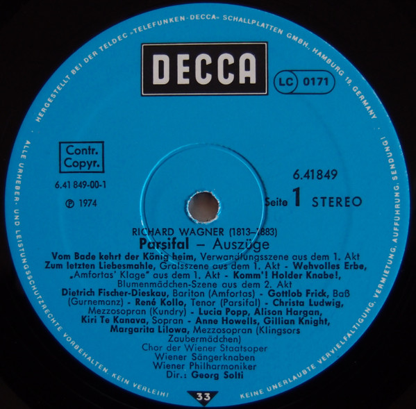 Cover zu Richard Wagner - Georg Solti, Wiener Philharmoniker, René Kollo, Gottlob Frick, Dietrich Fischer-Dieskau, Christa Ludwig, Zoltan Kélémen, Hans Hotter - Parsifal (Auszüge) | Vinyl | Classical Schallplatten Ankauf