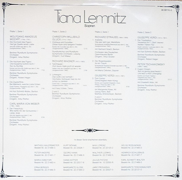 Cover zu Tiana Lemnitz - Historische Aufnahmen Aus Den Jahren 1942 - 1946 | 1974 | Vinyl | Classical | Germany Schallplatten Ankauf