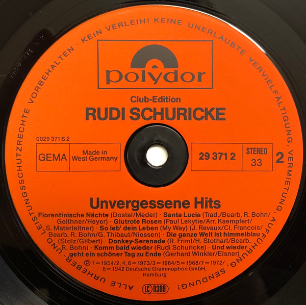 Cover zu Rudi Schuricke - Unvergessene Hits | 1982 | Vinyl | Pop | Germany Schallplatten Ankauf