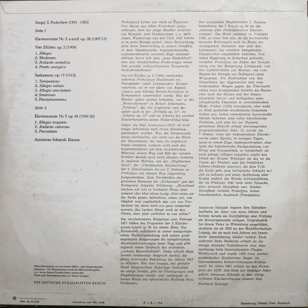 Cover zu Sergei Prokofiev, Annerose Schmidt - Klaviersonate Nr. 3 A-moll Op. 28 / Vier Etüden Op. 2 / Sarkasmen Op. 17 / Klaviersonate Nr. 7 Op. 83 | LP, Mono Schallplatten Ankauf