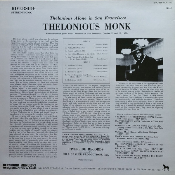 Cover zu Thelonious Monk - Thelonious Alone In San Francisco | LP, Album, RE Schallplatten Ankauf