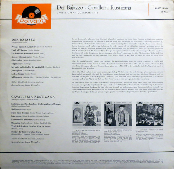 Cover zu Ruggiero Leoncavallo, Pietro Mascagni - Kölner Rundfunk-Sinfonie-Orchester, Franz Marszalek - Der Bajazzo • Cavalleria Rusticana - Große Opern-Querschnitte | LP, Mono Schallplatten Ankauf