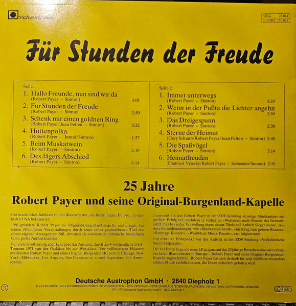 Cover zu Robert Payer Und Seine Original Burgenlandkapelle - Für Stunden Der Freude | LP Schallplatten Ankauf