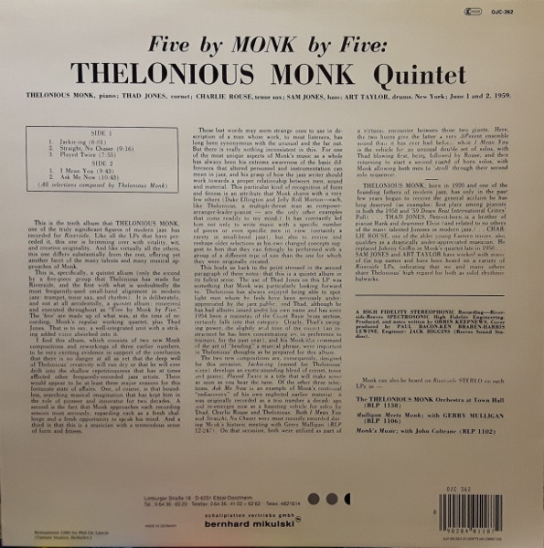 Cover zu The Thelonious Monk Quintet - 5 By Monk By 5 | LP, Album, RE Schallplatten Ankauf