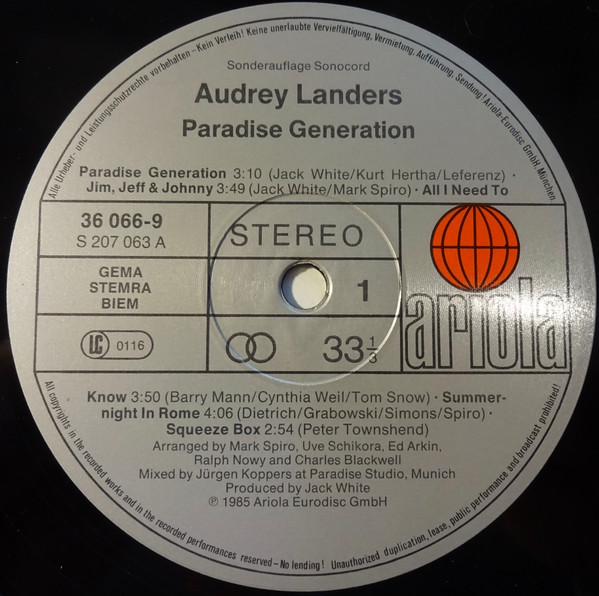 Cover zu Audrey Landers - Paradise Generation | 1985 | Vinyl | Rock, Pop | Europe Schallplatten Ankauf