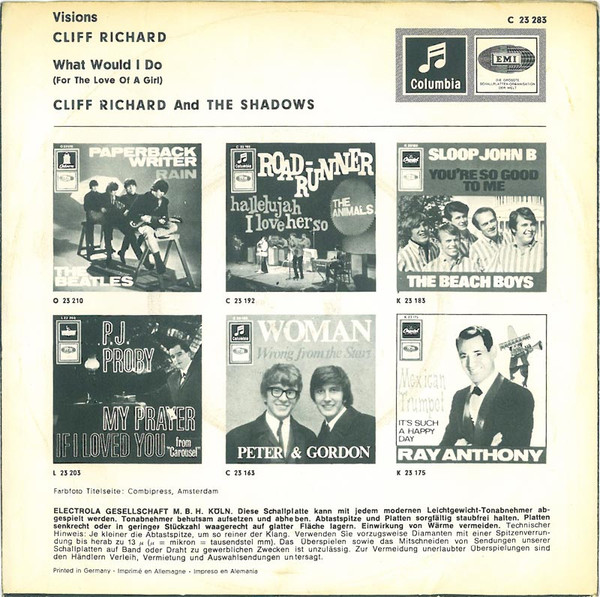 Cover zu Cliff Richard / Cliff Richard & The Shadows - Visions / What Would I Do (For The Love Of A Girl) | 7