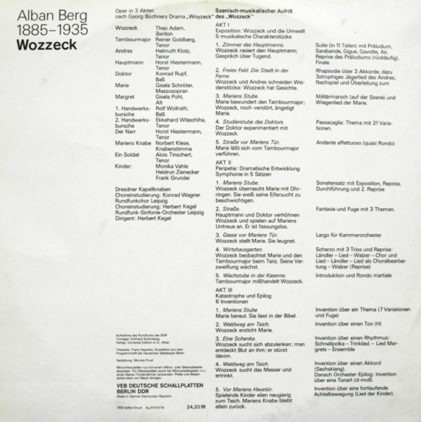 Cover zu Alban Berg - Gisela Schröter, Theo Adam, Rundfunk-Sinfonie-Orchester Leipzig, Herbert Kegel - Wozzeck | 1977 | Vinyl | Classical | German Democratic Republic (GDR)