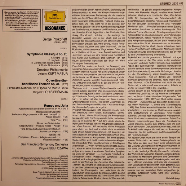 Cover zu Sergei Prokofiev - Symphonie Classique / Ouvertüre Über Hebräische Themen / Romeo Und Julia (Ballett-Suiten (Ausschnitte)) | LP, Comp Schallplatten Ankauf