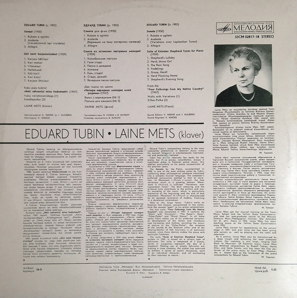 Cover zu Eduard Tubin, Laine Mets - Piano Sonata / Suite Of Estonian Shepherd Tunes / Four Folksongs | LP Schallplatten Ankauf