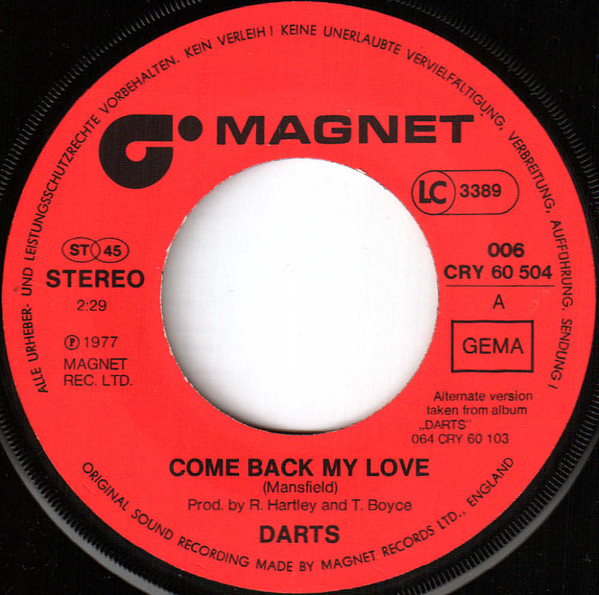 Cover zu Darts - Come Back My Love | 1977 | Vinyl | Rock | Germany