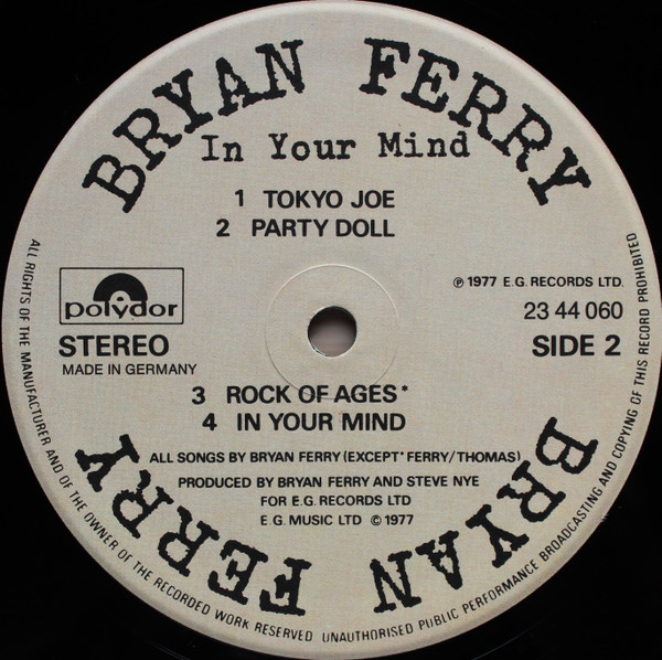 Cover zu Bryan Ferry - In Your Mind | 1978 | Vinyl | Rock | Germany Schallplatten Ankauf