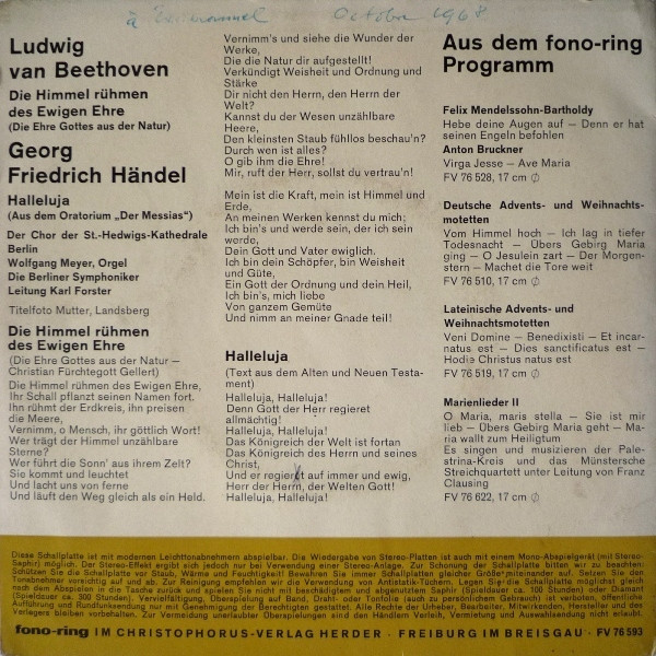 Cover zu Chor Der St. Hedwigs-Kathedrale Berlin, Berliner Symphoniker, Karl Forster - Die Himmel Rühmen Des Ewigen Ehre / Halleluja | Vinyl | Classical | Germany