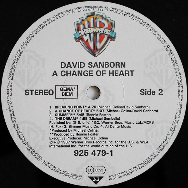 Cover zu David Sanborn - A Change Of Heart | 1987 | Vinyl | Jazz, Rock, Latin, Funk / Soul | Europe Schallplatten Ankauf