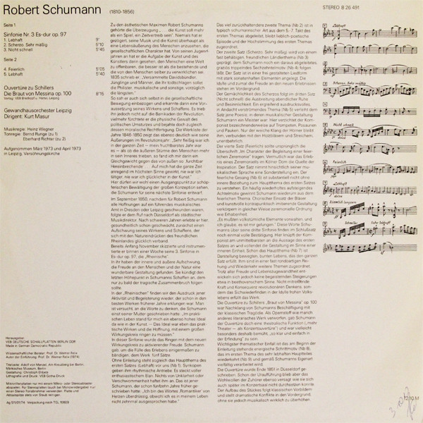 Cover zu Robert Schumann, Gewandhausorchester Leipzig, Kurt Masur - Sinfonie Nr. 3 Es-dur Op.97 / Ouvertüre Zu Schillers ›Die Braut Von Messina‹ Op. 100 | LP Schallplatten Ankauf