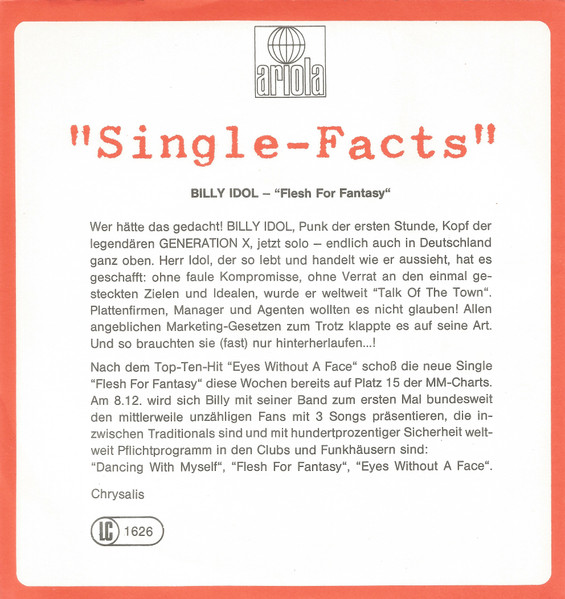 Cover zu Billy Idol - Flesh For Fantasy | 1984 | Vinyl | Rock | Europe Schallplatten Ankauf