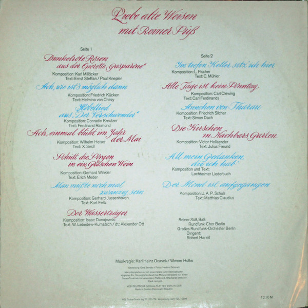 Cover zu Reiner Süß - Liebe Alte Weisen | 1974 | Vinyl | Pop, Classical, Folk, World, & Country | German Democratic Republic (GDR) Schallplatten Ankauf