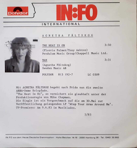 Cover zu Agnetha Fältskog - The Heat Is On / Man | 1983 | Vinyl | Rock, Pop | Germany Schallplatten Ankauf
