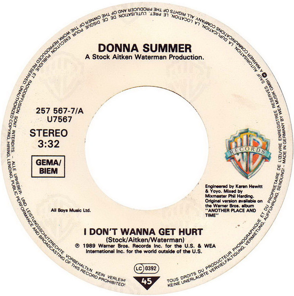 Cover zu Donna Summer - I Don't Wanna Get Hurt | 1989 | Vinyl | Pop | Europe Schallplatten Ankauf