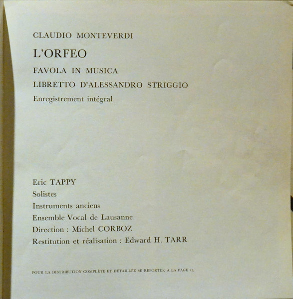 Cover zu Claudio Monteverdi - Eric Tappy, Ensemble Vocal De Lausanne Et Ensemble Instrumental De Lausanne Dir. Michel Corboz - Orfeo | 1968 | Vinyl | Classical | France