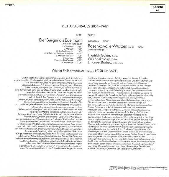 Cover zu Richard Strauss, Lorin Maazel, Wiener Philharmoniker, Willi Boskovsky, Friedrich Gulda - Der Bürger Als Edelmann / Rosenkavalier - Walzer | LP Schallplatten Ankauf