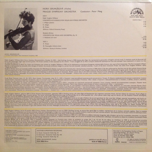 Cover zu Benjamin Britten / Ralph Vaughan Williams, Nora Grumlíková, Peter Maag - Violin Concerto / Violin Concerto | LP, Mono Schallplatten Ankauf