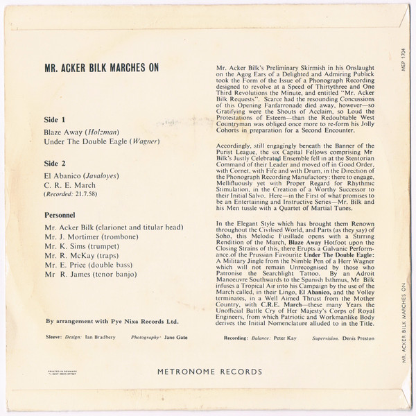 Cover zu Acker Bilk And His Paramount Jazz Band - Mr. Acker Bilk Marches On | 1958 | Vinyl | Jazz, Pop | Denmark
