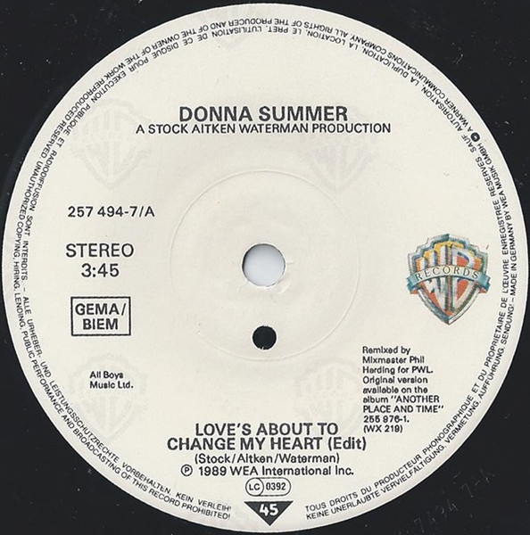 Cover zu Donna Summer - Love's About To Change My Heart | 1989 | Vinyl | Electronic | Europe Schallplatten Ankauf
