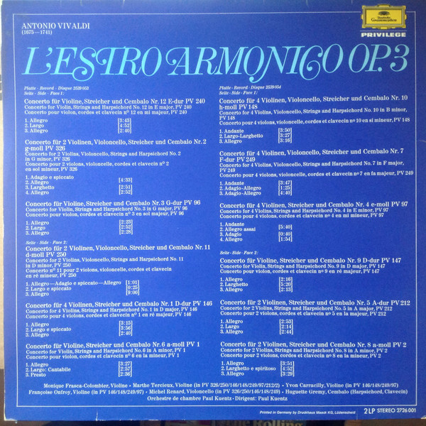 Cover zu Antonio Vivaldi / Orchestre De Chambre Paul Kuentz - L'Estro Armonico OP. 3 | 1973 | Vinyl | Classical | UK