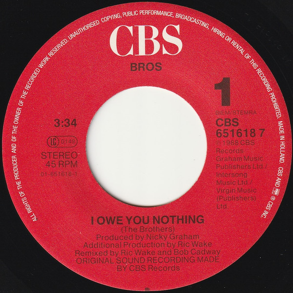 Cover zu Bros - I Owe You Nothing | 1988 | 7