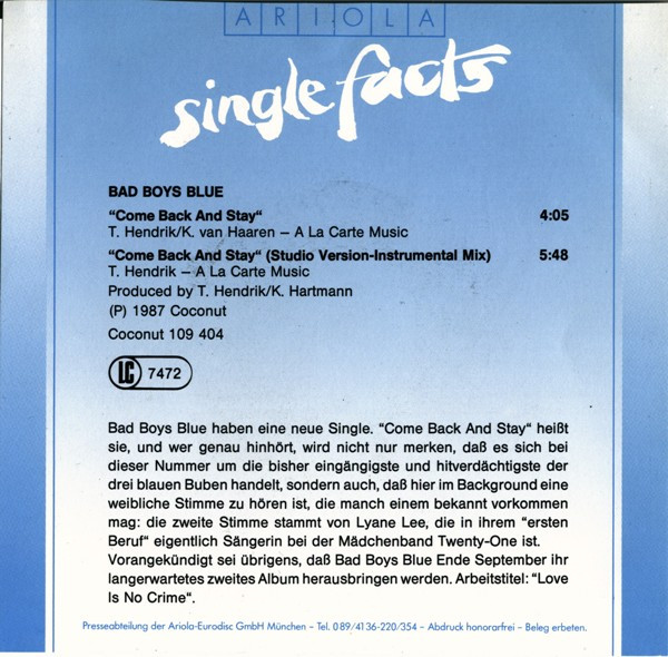 Cover zu Bad Boys Blue - Come Back And Stay | 1987 | Vinyl | Electronic | Europe