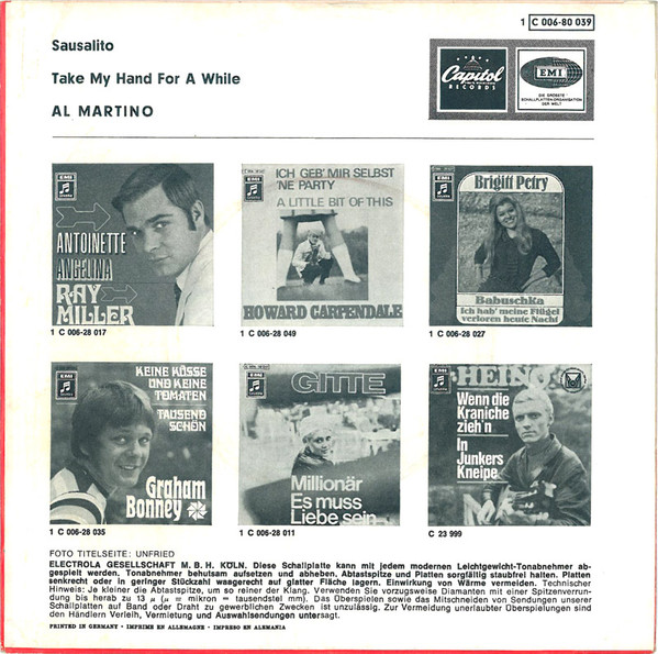 Cover zu Al Martino - Sausalito / Take My Hand For A While | 1969 | Vinyl | Pop | Germany