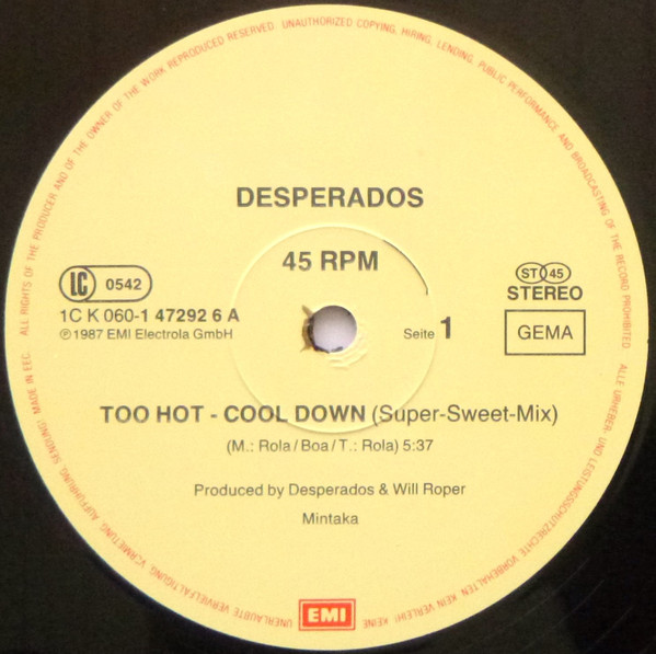 Cover zu Desperados (7) - Too Hot - Cool Down | 1987 | Vinyl | Rock, Pop | Germany Schallplatten Ankauf