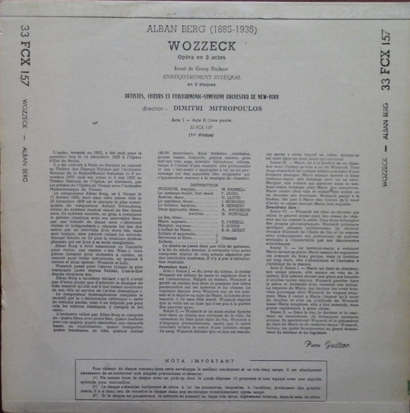 Cover zu Alban Berg, Philharmonic-Symphony Orchestra Of New York, Dimitri Mitropoulos - Wozzeck. Opéra En 3 Actes | Vinyl | Classical | France