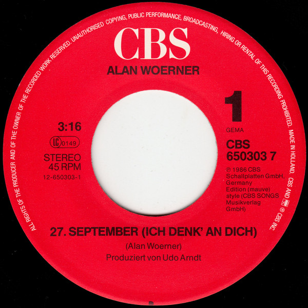 Cover zu Alan Woerner - 27. September (Ich Denk' An Dich) | 1986 | Vinyl | Rock, Pop | Germany