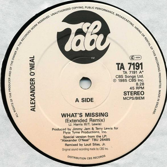 Cover zu Alexander O'Neal - What's Missing (Extended Remix) | 1986 | Vinyl | Funk / Soul | UK & Europe Schallplatten Ankauf