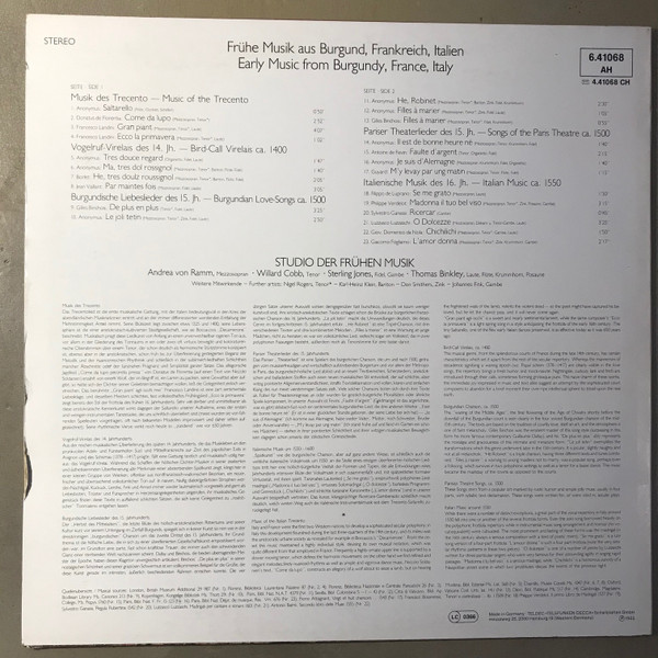 Cover zu Studio Der Frühen Musik - Frühe Musik - Early Music In Italy, France And Burgundy | Vinyl | Classical | Germany Schallplatten Ankauf