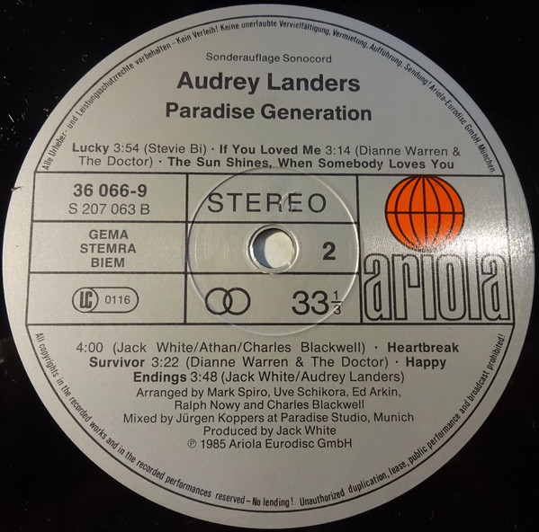 Cover zu Audrey Landers - Paradise Generation | 1985 | Vinyl | Rock, Pop | Europe