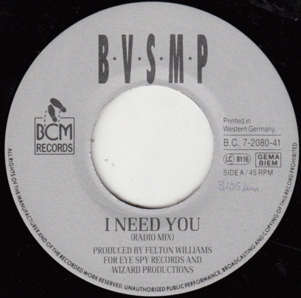 Cover zu B.V.S.M.P. - I Need You | 1988 | Vinyl | Hip Hop | Germany, Austria, & Switzerland