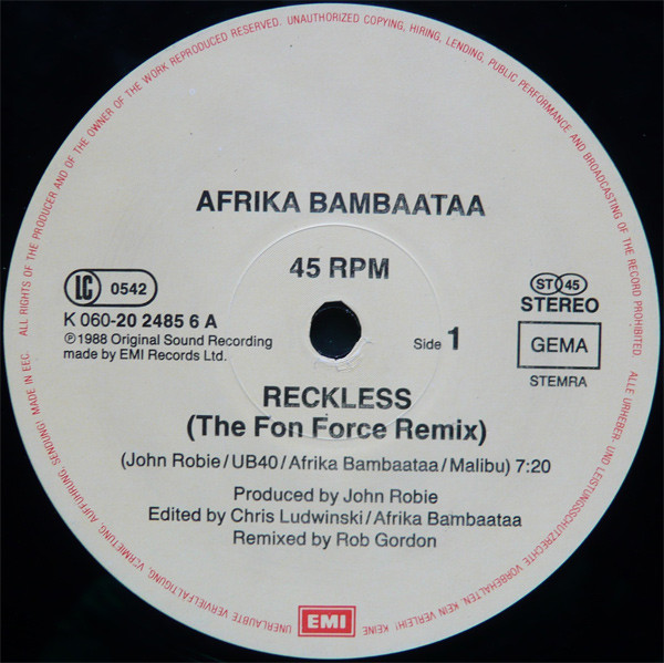 Cover zu Afrika Bambaataa & Family Featuring UB40 - Reckless (Full Fon Remix) | 1988 | Vinyl | Electronic, Hip Hop | Europe
