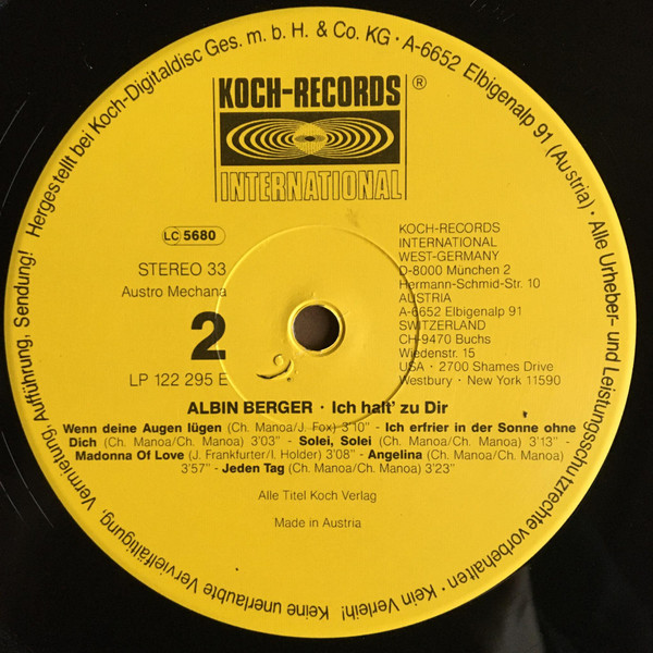 Cover zu Albin Berger - Ich Halt' Zu Dir | 1989 | Vinyl, LP, Album, Stereo | Pop | Austria
